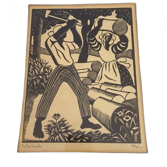 Pair of 1940s Jamaican Woodcuts by Albert Huie Titled & Signed Framed - Picture 5 of 8